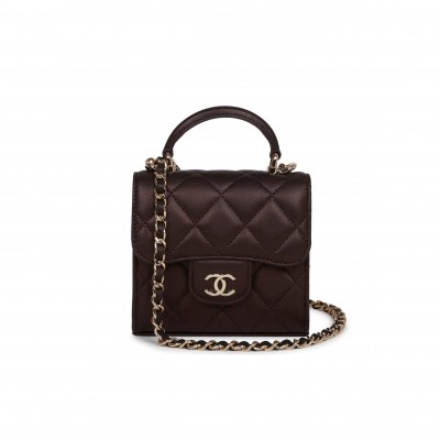 CHANEL MINI TOP HANDLE CLUTCH WITH CHAIN BURGUNDY IRIDESCENT LAMBSKIN LIGHT GOLD HARDWARE (11*11*5cm)