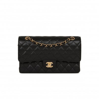 CHANEL MEDIUM CLASSIC DOUBLE FLAP BAG BLACK QUILTED CAVIAR GOLD HARDWARE (25*15*7cm)