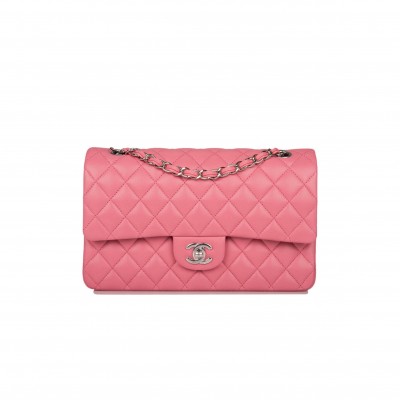 CHANEL MEDIUM CLASSIC DOUBLE FLAP BAG ROSE QUILTED LAMBSKIN SILVER HARDWARE (25*15*7cm)